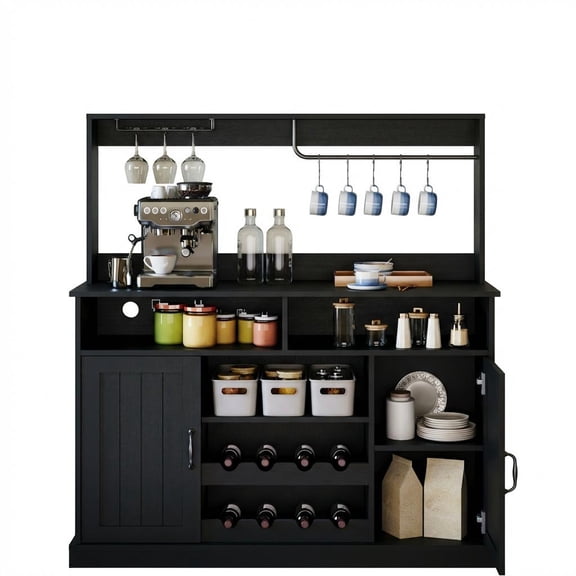 47" Farmhouse Coffee Bar Cabinet with 5 Hooks, Power Outlets, Goblet Rack, Sideboard Cabinet with Wine Rack Hutch Storage Cabinet for Kitchen & Living Room - Black
