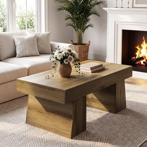 47" Farmhouse Coffee Table, Rustic Brown Wood Grain MDF Rectangle Cocktail Table for Living Room