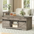 thumbnail image 1 of 47" Farmhouse Coffee Table with Storage and 2 Drawers, Large Rustic Center Table with Sliding Barn Doors & Open Compartments, Wooden Coffee Table for Living Room, Greige, 1 of 16