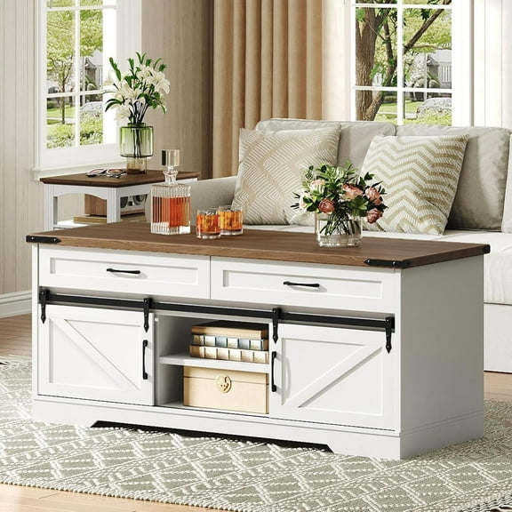 47" Farmhouse Coffee Table with Storage and 2 Drawers, Large Rustic Center Table with Sliding Barn Doors & Open Compartments, Wooden Coffee Table for Living Room, White and Walnut