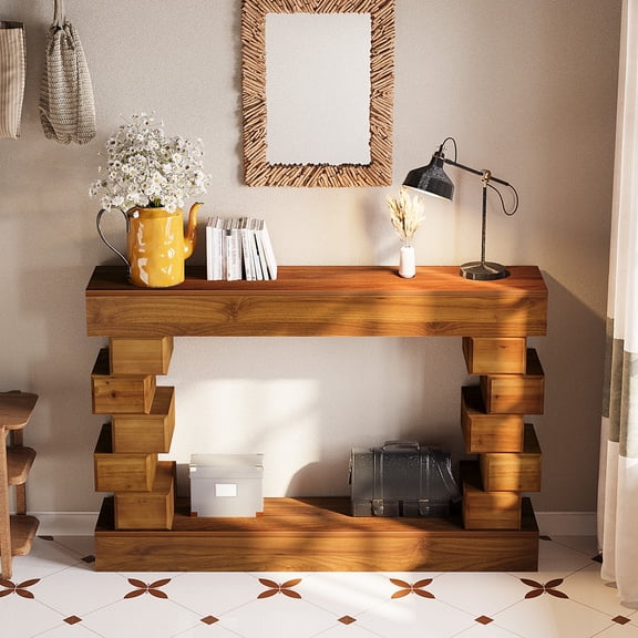 47" Farmhouse Console Table, Geometric Block Stacked Wood Sofa Table Behind Couch, Industrial Entryway Accent Table for Living Room, Hallway, Entrance, Brown