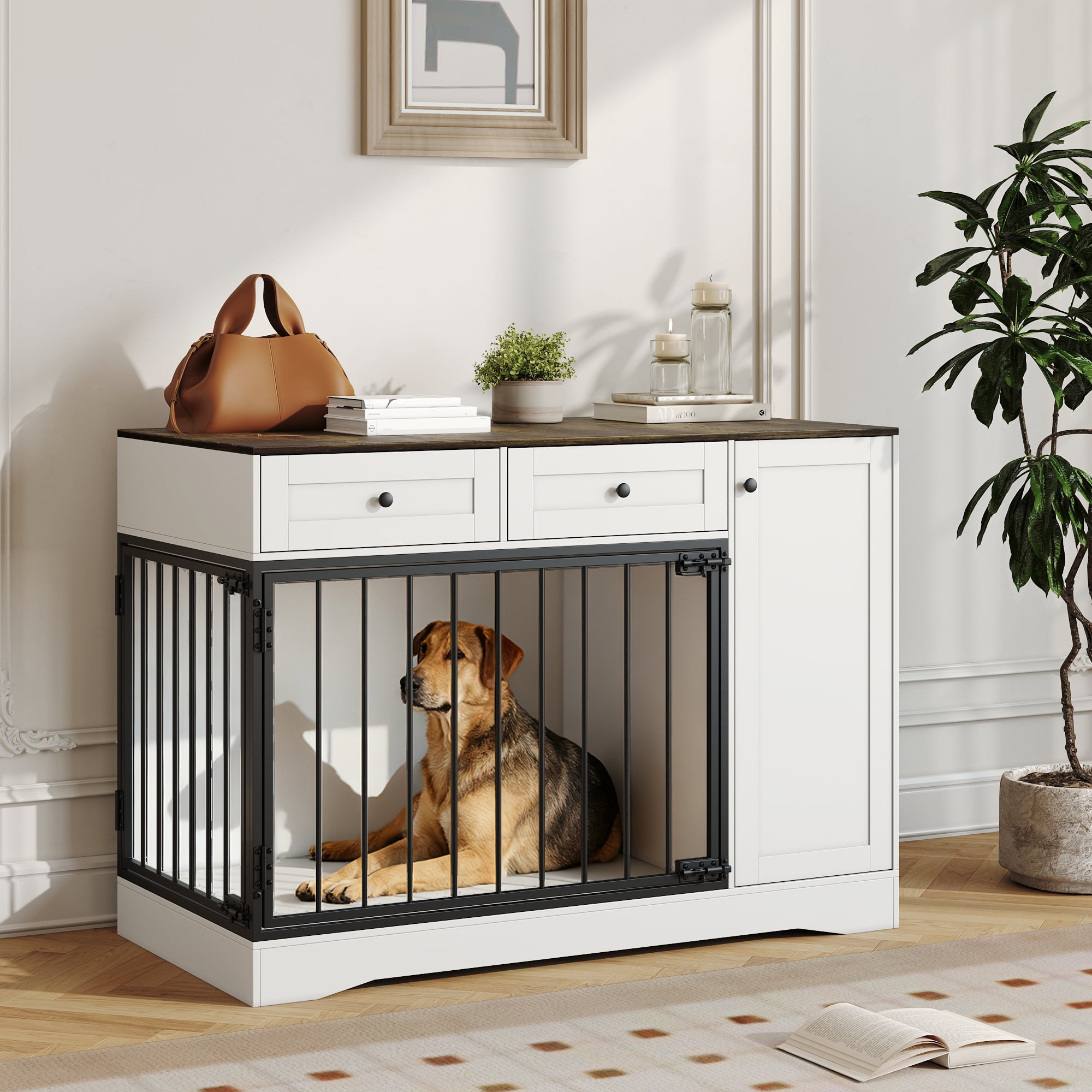 47" Farmhouse Dog Crate Furniture, Modern TV Stand with Double Doors Indoor Kennel & Buffet Cabinet with 2 Drawers, Storage Side Table for Small Medium Dogs