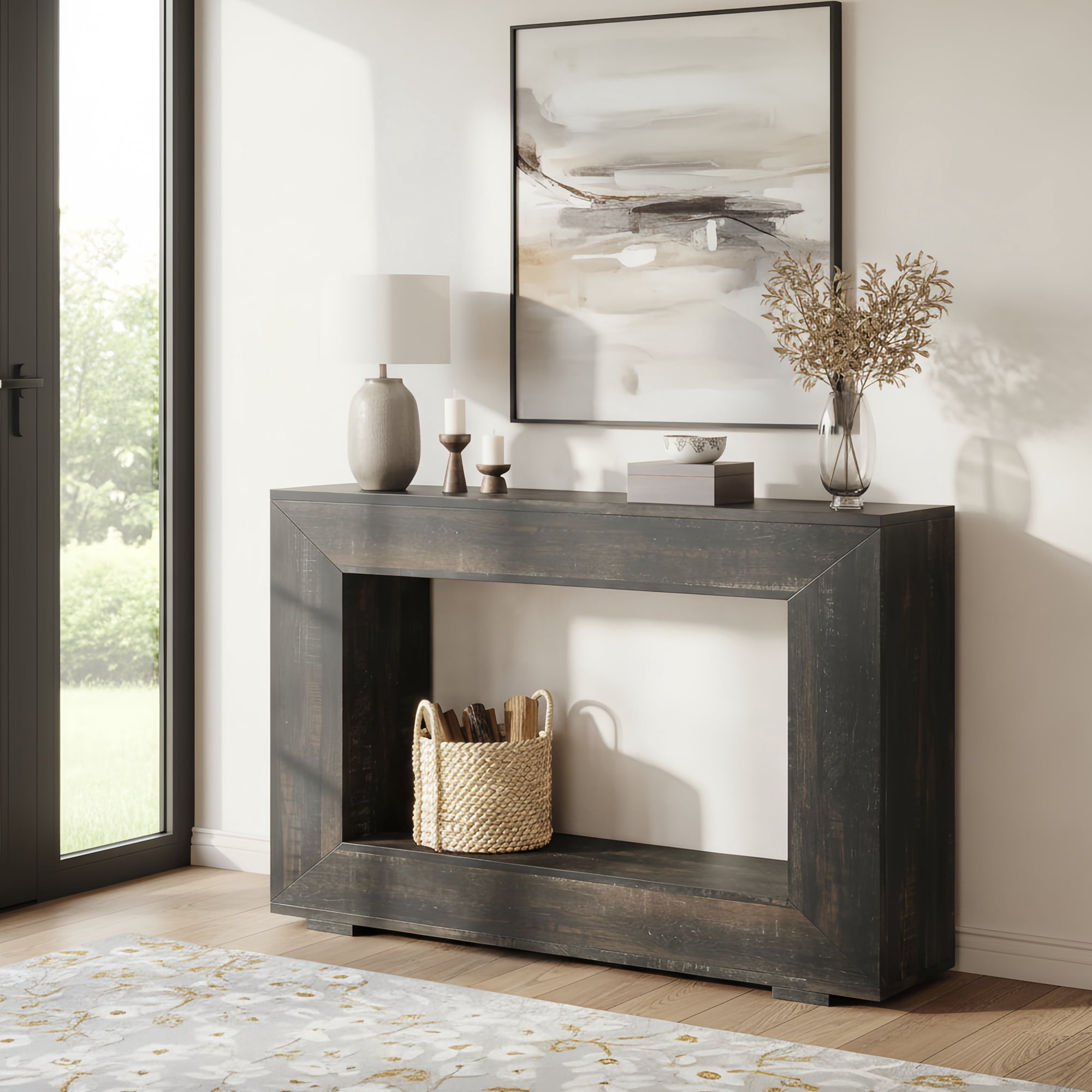 47" Farmhouse Industrial Console Table, Storage Entryway Table For Living Room, Foyer & Entrance With Wood Grain Finish (Black)