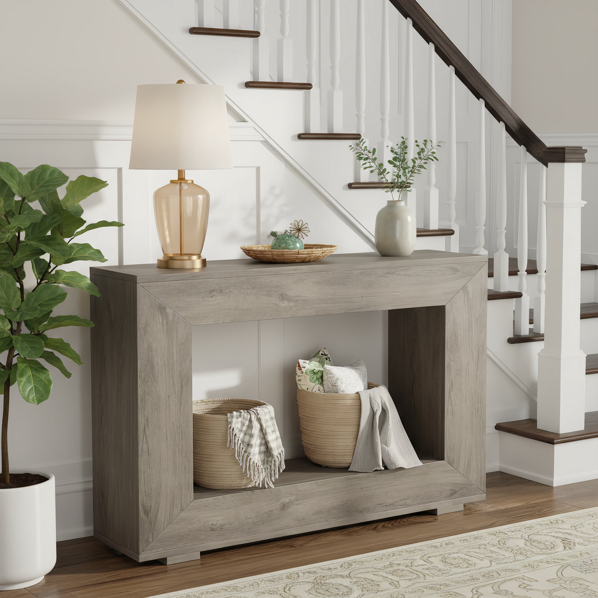 47" Farmhouse Industrial Console Table, Storage Entryway Table For Living Room, Foyer & Entrance With Wood Grain Finish (Grey)