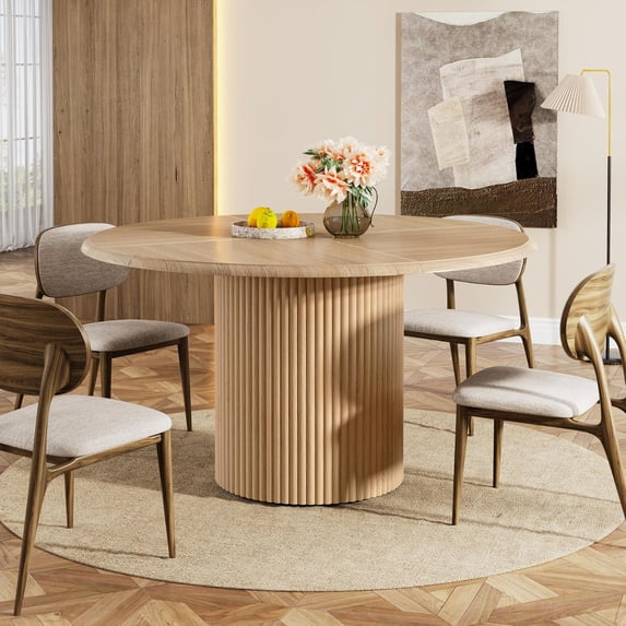 47" Farmhouse Kitchen Table, Round Dining Table for 4 with Sturdy Fluted Metal Base