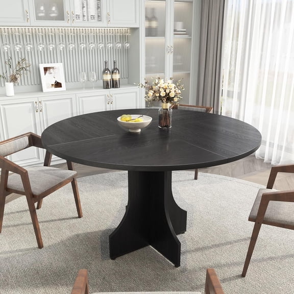 47 in Farmhouse Round Dining Table for 4-6 People, Wooden Circle Kitchen Table, Rustic Circular Breakfast Nook Furniture for Apartment or Small Dining Room, Black