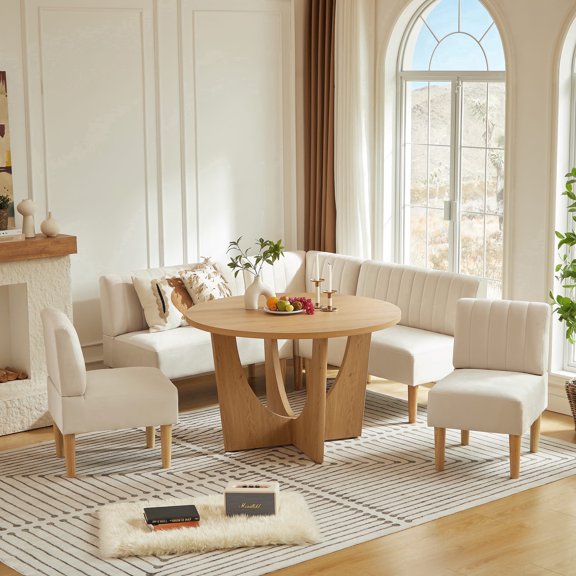 Breakfast Nook Table Set, Farmhouse 5-Piece Round Dining Table Set with Bench Seating, 47 Inch Kitchen Nook Furniture for 4-6 People, Wood Dining Nook Set for Small Spaces
