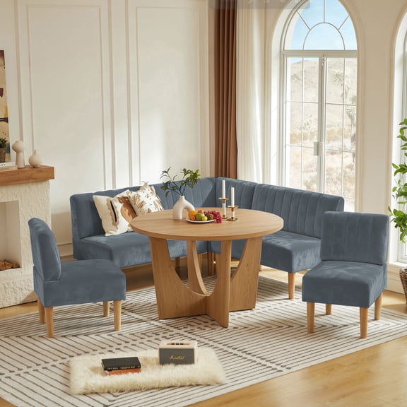 47" Farmhouse Round Dining Table Set for 4-6, 5 Piece Kitchen Breakfast Nook Set with Upholstered Loveseat, Chairs and Wood Table