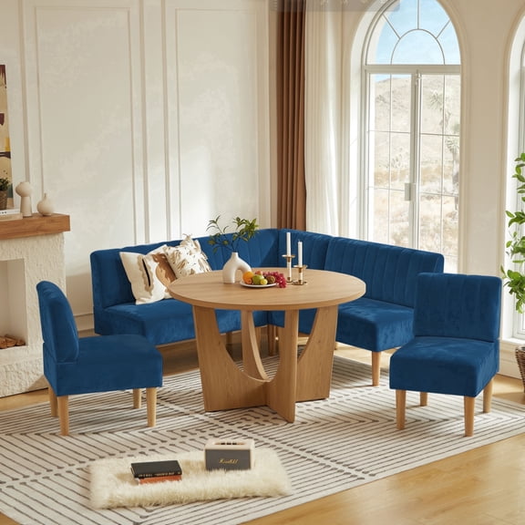 47" Farmhouse Round Dining Table Set for 4-6, 5 Piece Kitchen Breakfast Nook Set with Upholstered Loveseat, Chairs and Wood Table