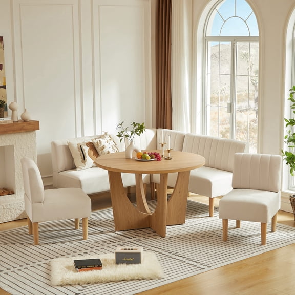 47" Farmhouse Round Dining Table Set for 4-6, 5 Piece Kitchen Breakfast Nook Set with Upholstered Loveseat, Chairs and Wood Table