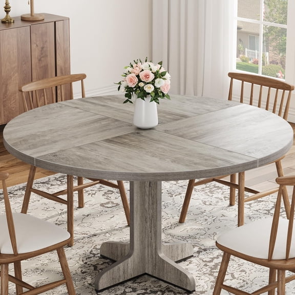 47" Farmhouse Round Dining Table with Wood Tabletop and Sturdy Base, Circle Kitchen Table for 4-6