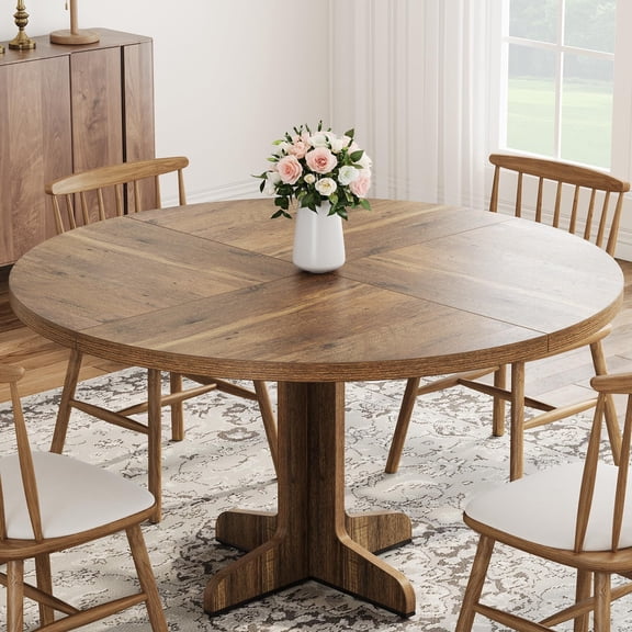 47" Farmhouse Round Dining Table with Wood Tabletop and Sturdy Base, Circle Kitchen Table for 4-6