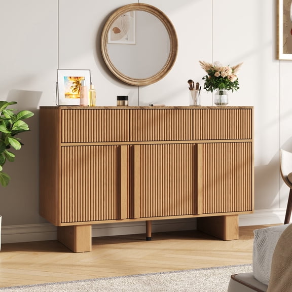 47" Farmhouse Sideboard Buffet - 3 Drawers Storage Cabinet with Adjustable Shelves, Dark Oak