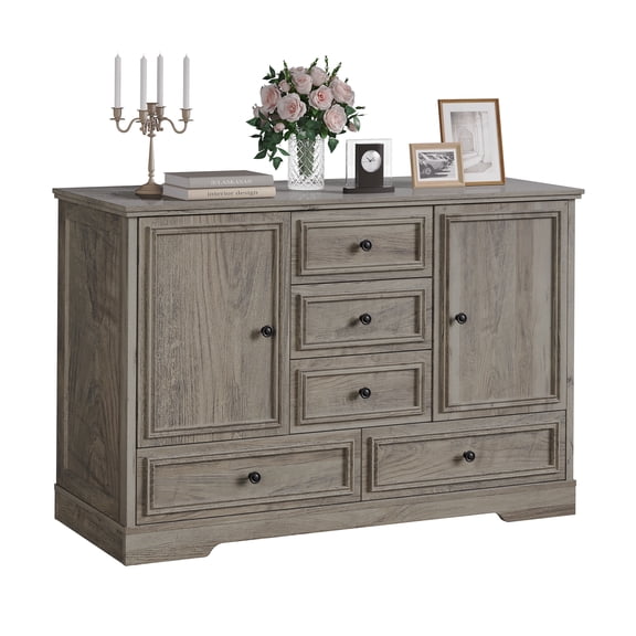 47" Farmhouse Sideboard Buffet Cabinet, Sideboard Storage credenza with 5 Drawers and 2 Doors, Wood Coffee Bar Cabinet with Adjustable Shelves for Dining Room Living Room