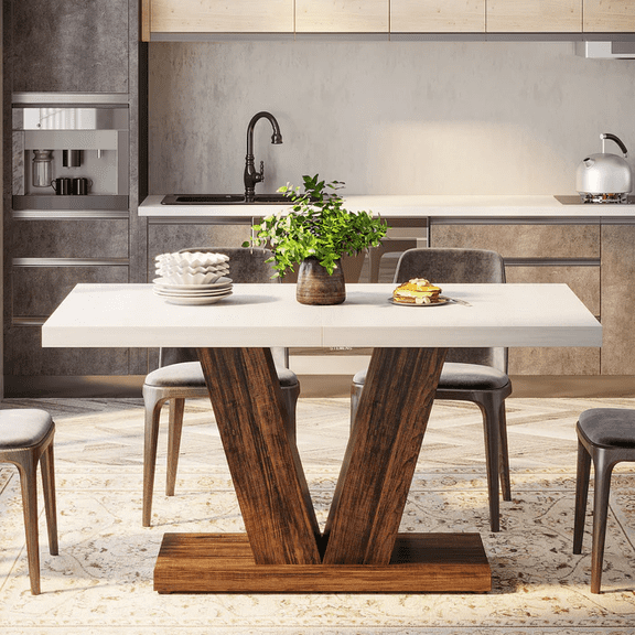 47" Farmhouse Wooden Dining Table with Heavy-Duty Pedestal, Rustic Kitchen Dinner Table - Seats 4-6, Rectangular Design