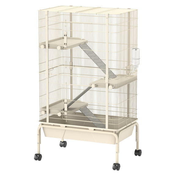 47" Ferret Cage, Small Animal Cage 4 Level Rolling Metal Habitat w/ Tray, Ramps, Water Bottle, Food Dish, Beige