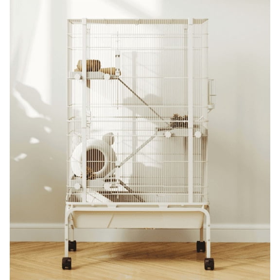 47" Ferret Cage Small Animal Habitat, 4 Level Metal Cage w/ Tray & Ramps, Beige Rabbit Chinchilla Cage, Water Bottle & Food Dish