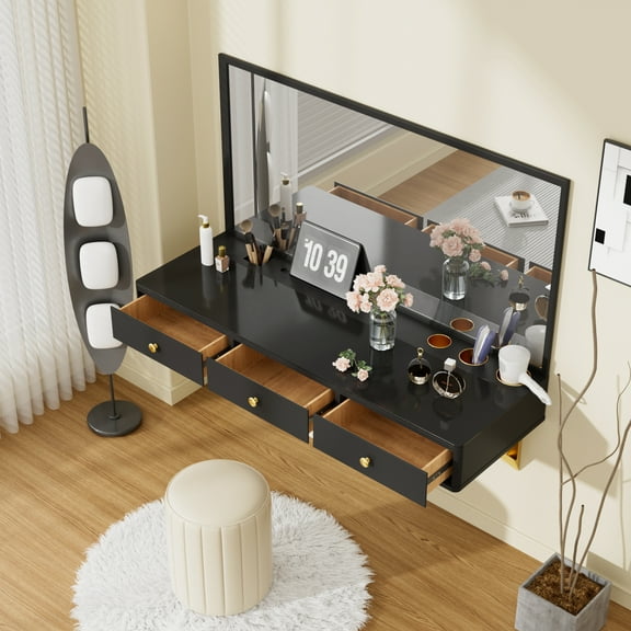 47" Floating Shelf With Drawer, For Bedroom & Bathroom, Black Golden, Ample Storage Vanity Desk Stylish Appearance