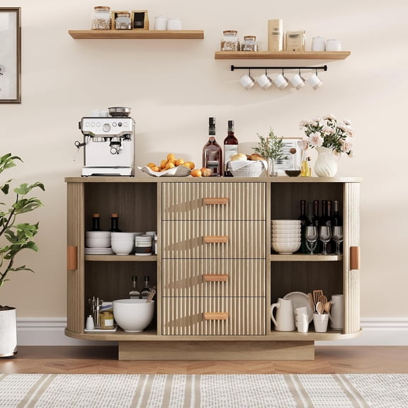 47" Fluted Buffet Cabinet with Tambour Doors - Modern Oak Sideboard with 4 Drawers & Sliding Doors, Multi-Functional Coffee Bar Cabinet for Kitchen & Living Room