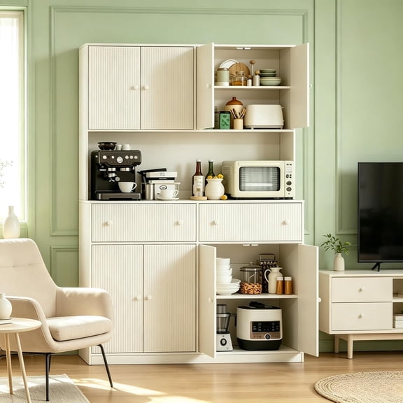 47" Fluted Kitchen Pantry Cabinet with Countertop and Charging Station - Tall Pantry Storage Cabinet with 2 Drawers and Adjustable Shelves for Dining Room, Living Room