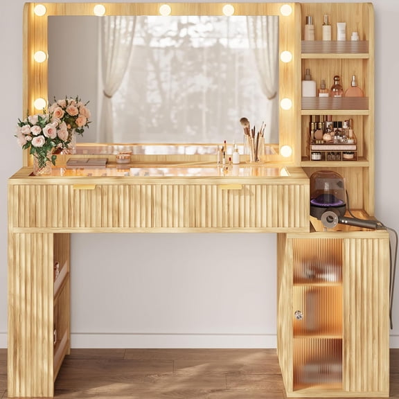 47'' Fluted Makeup Vanity Desk with Large 36" Mirror & Hollywood Bulbs, Smart RGB Lights, Glass Top Vanity with 5 Shelves, 2 RGB Drawers, Acrylic Cabinets, Wood Vanity with Charging Station,Oak
