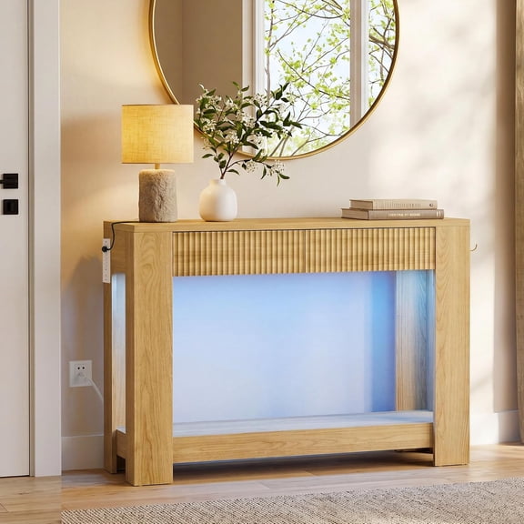 47" Fluted Multifunctional Console Table | Built-in Charging Station + RGB Ambient Lights, with 2 Drawers & Side Hooks, Narrow Design for Entryway / Hallway / Behind Couch - Natural Oak