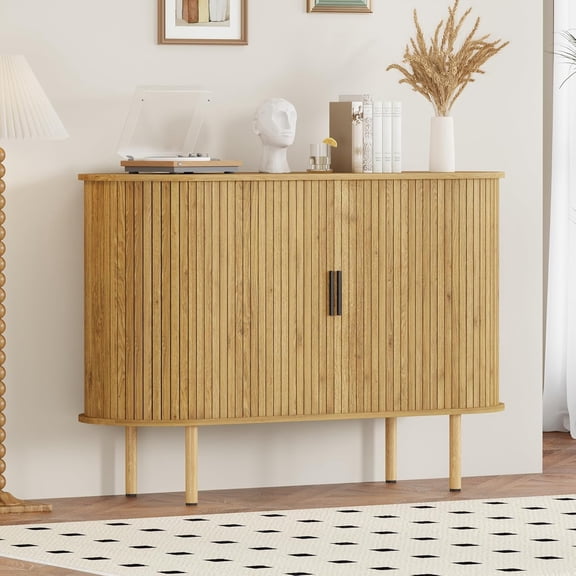 47" Fluted Sideboard Buffer Cabinet with Sliding Doors, Modern Wood Accent Storage Cabinet with Adjustable Shelves, Cabinets Console Table for Living Room, Dining Room, Entryway, Oak