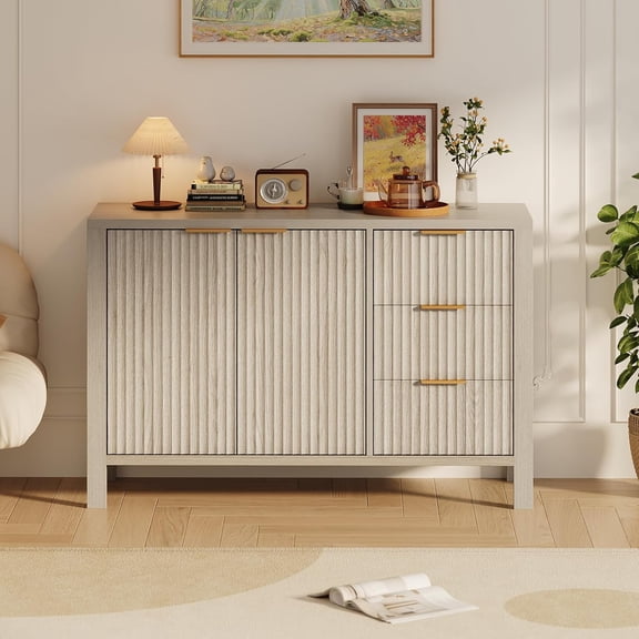 47" Fluted Sideboard Buffet Cabinet, Modern Mid Century TV Stand Coffee Bar Cabinet with 3 Drawers & 2 Doors, Wooden Credenza for Living Room, Kitchen, Entryway