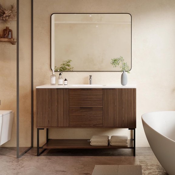 47" Freestanding Bathroom Vanity with Sink Combo, Mid Century Modern Bathroom Sink Cabinet with Ceramic Basin, Bathroom Vanities Cabinet with Slat Doors, Open Shelf, Walnut