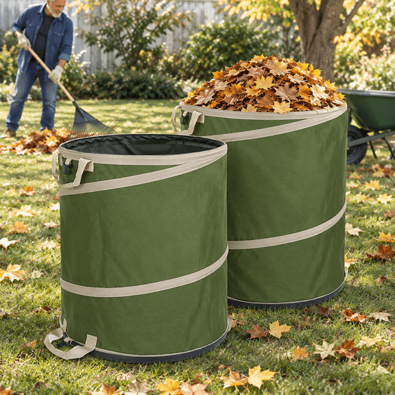 47 Gallon Collapsible Pop-up Trash Can 2-Pack, Green, Hard Bottom