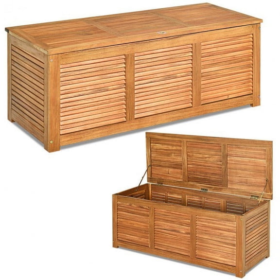 47 Gallon Acacia Wood Deck Storage Bench Box, Outdoor Patio Storage Container with Flip Lid, Slatted Design, Teak Oil Finish, 355 lb Capacity for Cushions Garden Tools Porch Backyard