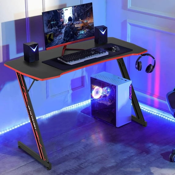 47-inch Z-Shaped Gaming Desk with Headphone Hook, Ergonomic PC Computer Desk for Game Players, Red