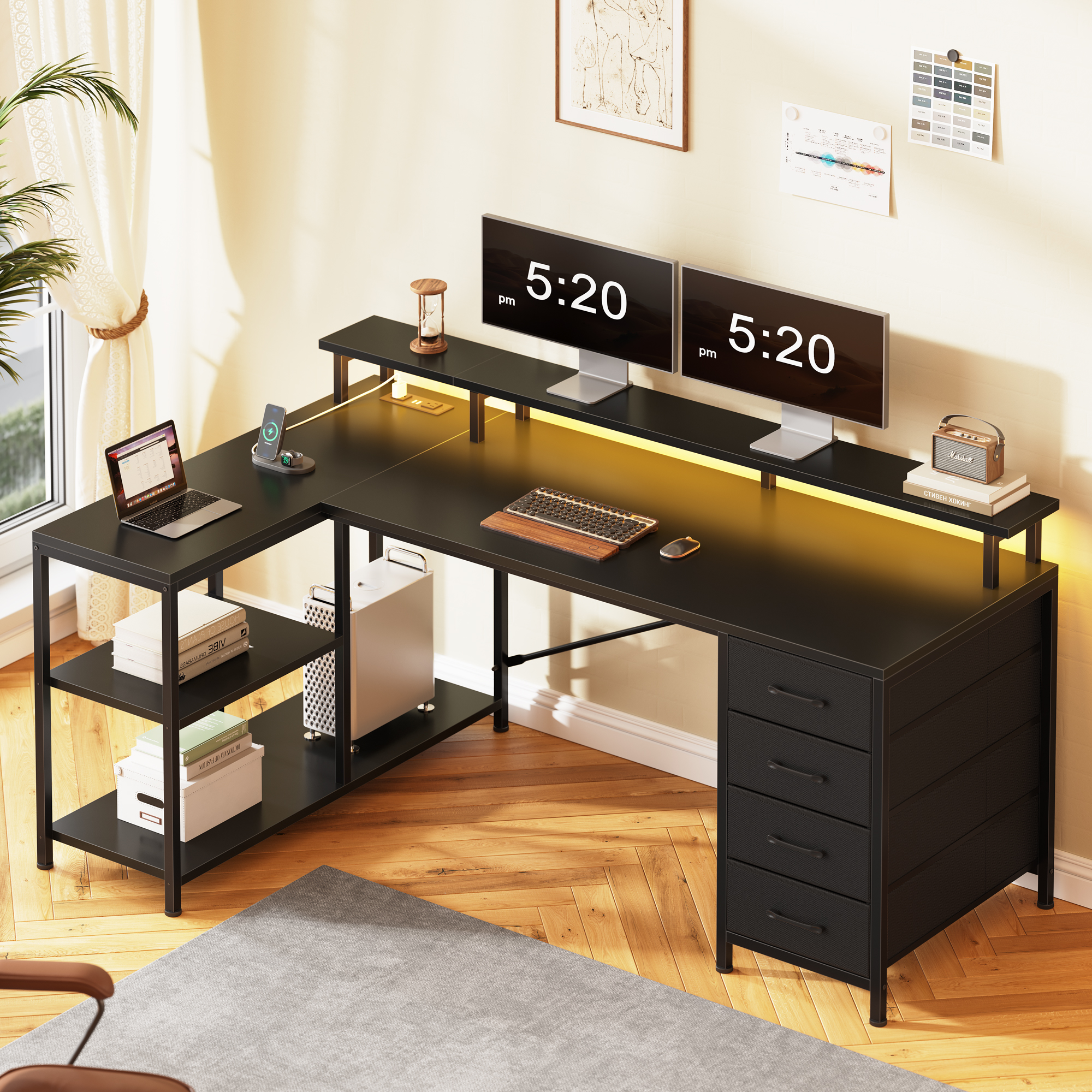 47" Gaming Desk with Power Outlets & LED Lights, L Shaped Desk with Fabric Drawers & CPU Stand, Corner Computer Desk with Open Shelves for Small Space, Black