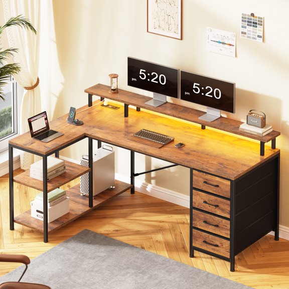 47" Gaming Desk with Power Outlets & LED Lights, L Shaped Desk with Fabric Drawers & CPU Stand, Corner Computer Desk with Open Shelves for Small Space, Rustic Brown