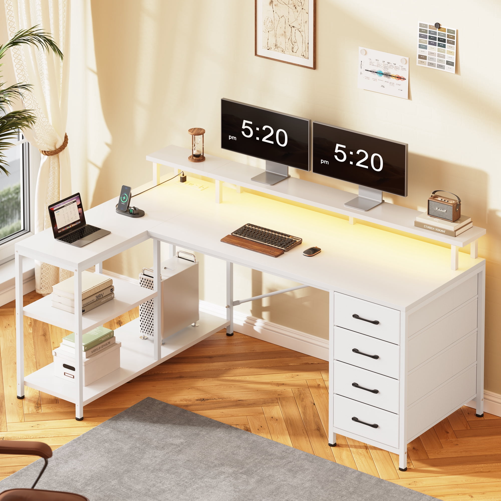 47" Gaming Desk with Power Outlets & LED Lights, L Shaped Desk with Fabric Drawers & CPU Stand, Corner Computer Desk with Open Shelves for Small Space, White