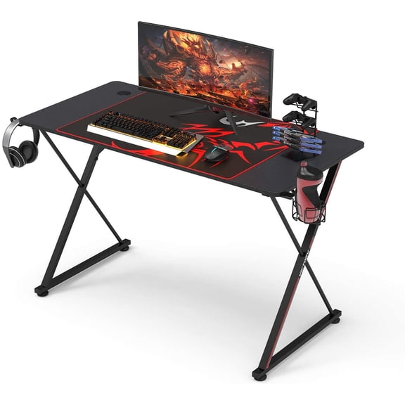 47'' Gaming Desk, X-Shape Computer Desk with Free Mouse pad, Cup Holder& Headphone Hook & Controller Stand, Gamer Workstation for Home Office, Black