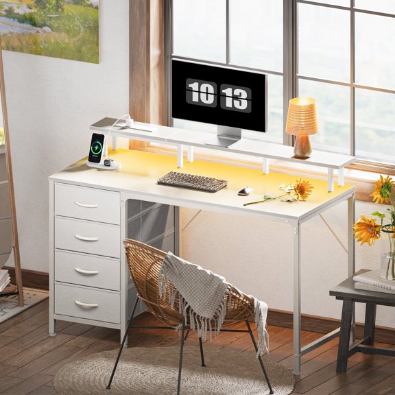SUPERJARE Desk with Drawers, 47" Gaming Desk with LED Lights, Computer Desk Small Office Desk with Outlets, Writing Desk for Bedroom in White