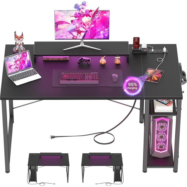47 GamingDesk with LED Lights, Power Outlet and USB, Reversible Laptop