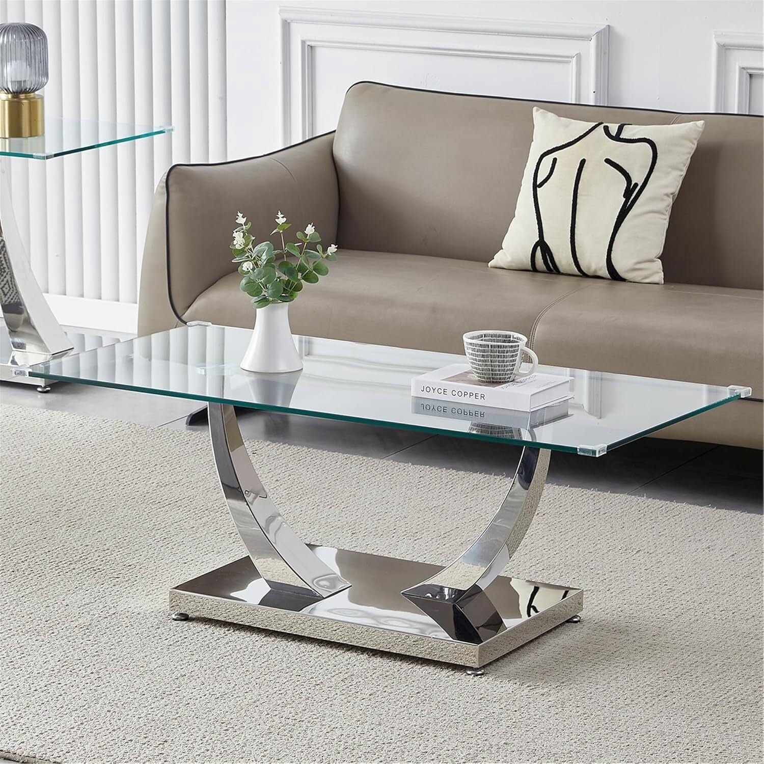 47" Glass Coffee Table, Modern Living Room Table with 0.39" Tempered Glass Top & Mirrored U-Shape Stainless Steel Base, Sofa Center Table for Apartment, Home, Office.