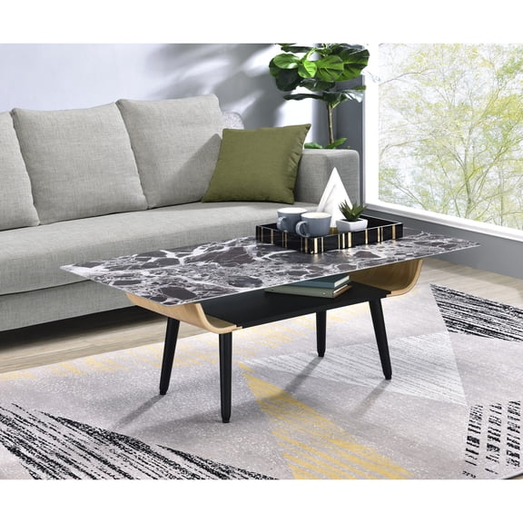 47" Glass Coffee Table with Bent Wood and 3D Printed Marble Top / Slightly Flared Legs, Storage