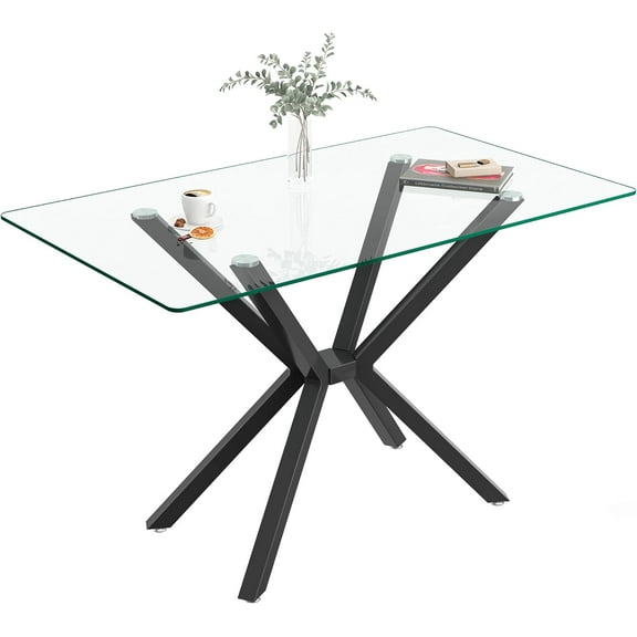 47" Glass Dining Table, Modern Kitchen Dining with Tempered Glass Tabletop and X-Shape Metal Pedestal, Clear Glass Kitchen Dining Room Table for 4