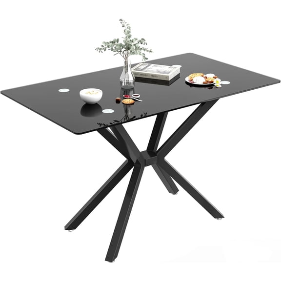 47" Glass Dining Table, Modern Kitchen Dining with Tempered Glass Tabletop and X-Shape Metal Pedestal, Clear Glass Kitchen Dining Room Table for 4