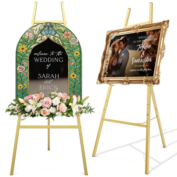 47" Gold Easel Stand for Wedding Signs, 4-Tier Height Metal Standing Easel with Adjustable Chain, Heavy Duty Art Easel for Painting, Wedding Sign, Party, Posters & Commercial Display Y101