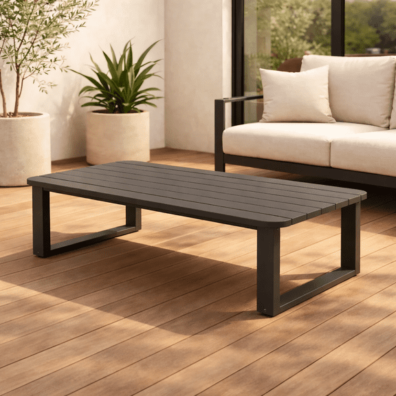 47" Gray Modern Aluminum Outdoor Coffee Table, Weather-Resistant Low Profile Slatted Patio Table