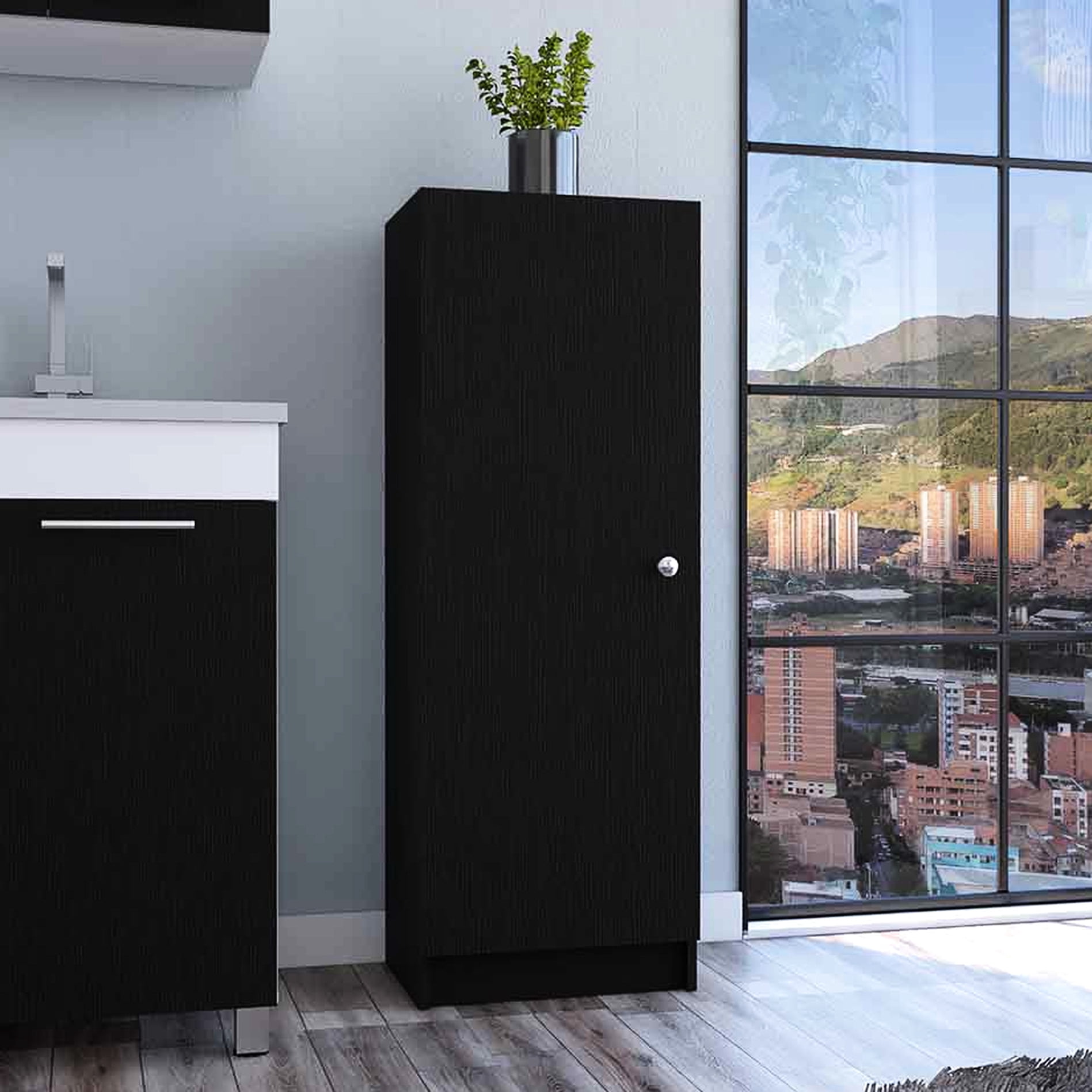 47" H Kitchen Pantry, Black One Door Cabinet With Four Interior Shelves, 16.51 In. Width, Space Efficient For Everywhere, Easy To Assemble Pantry Height, 12.28 Depth, Saving Kitchen, Bedroom,