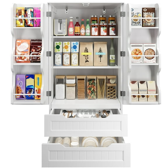 47" H Kitchen Pantry Cabinet with 2 Doors, 2 Drawers and 8 Shelves, Solid Wood Storage Cabinet in White