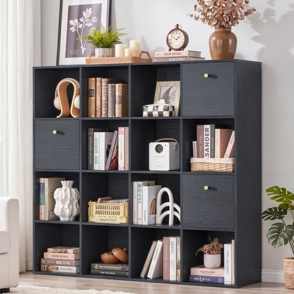 47" H Modular Storage Organizer with Fabric Drawers 16 Cube Black Bookcase Room Divider Individual