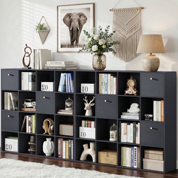 47" H Modular Storage Organizer with Fabric Drawers 16 Cube Black Bookcase Room Divider Set of 2