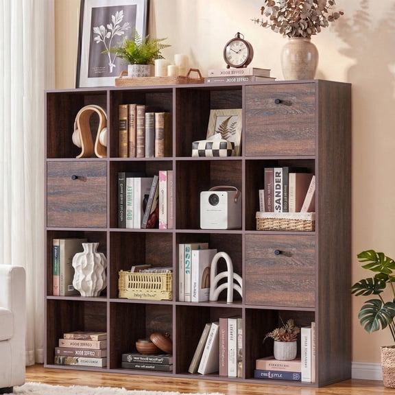 47" H Modular Storage Organizer with Fabric Drawers 16 Cube Walnut Bookcase Room Divider Individual