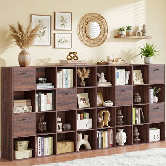 47" H Modular Storage Organizer with Fabric Drawers 16 Cube Walnut Bookcase Room Divider Set of 2